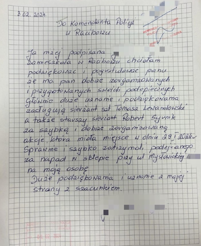 Ofiara rozboju napisała do raciborskich policjantów